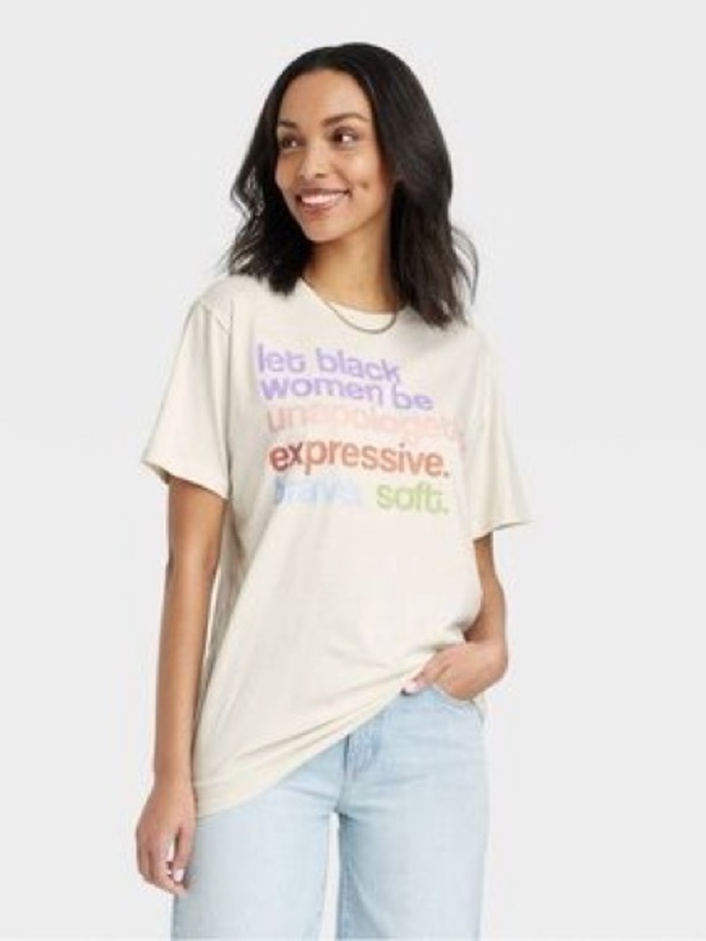 Off-White Pale Pink Graphic Tee with Multicolor Slogan